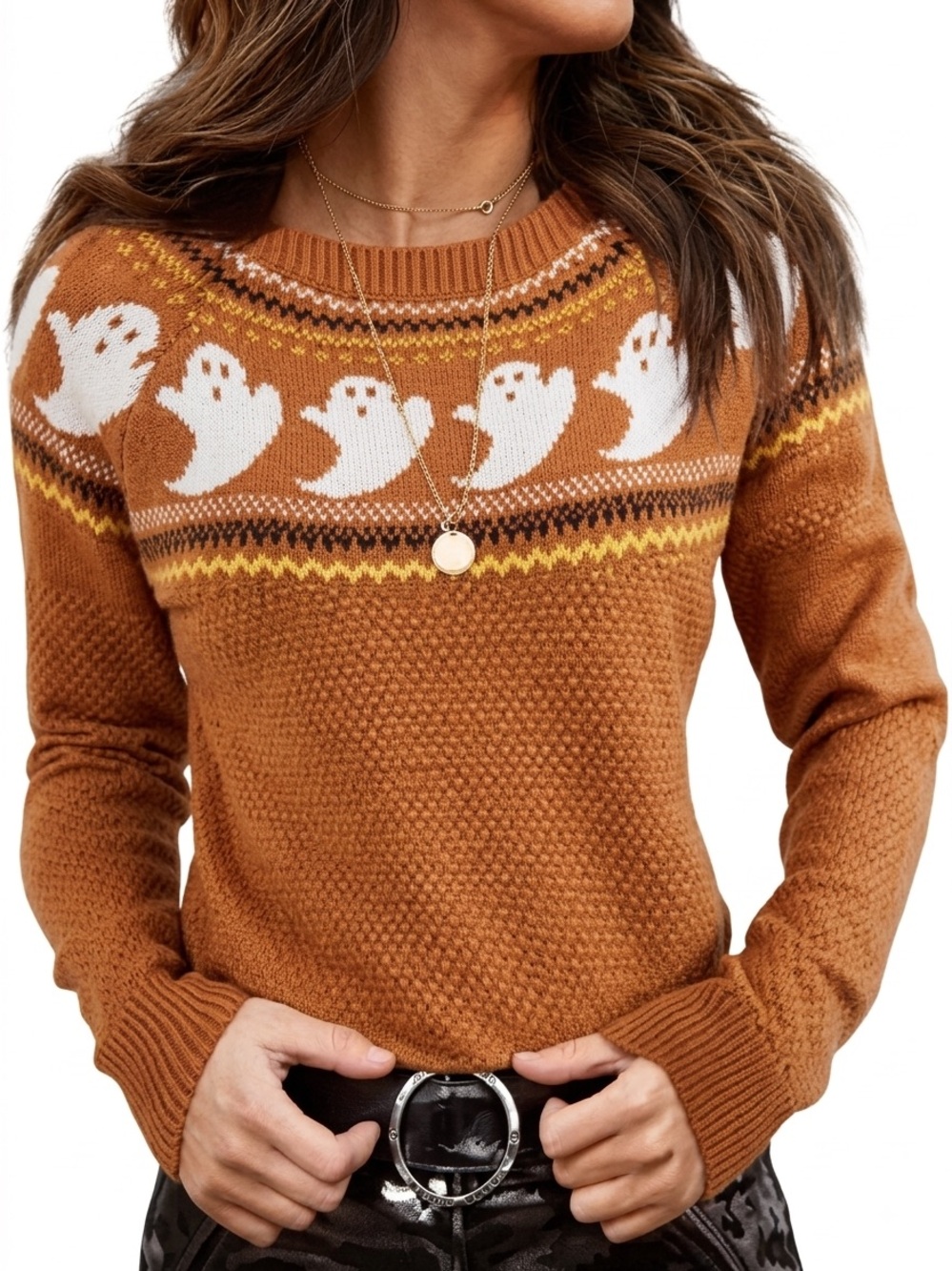 ModCloth Pumpkin “You’ve Been Ghosted” Sweater Fair Isle Motif Cotton L XL